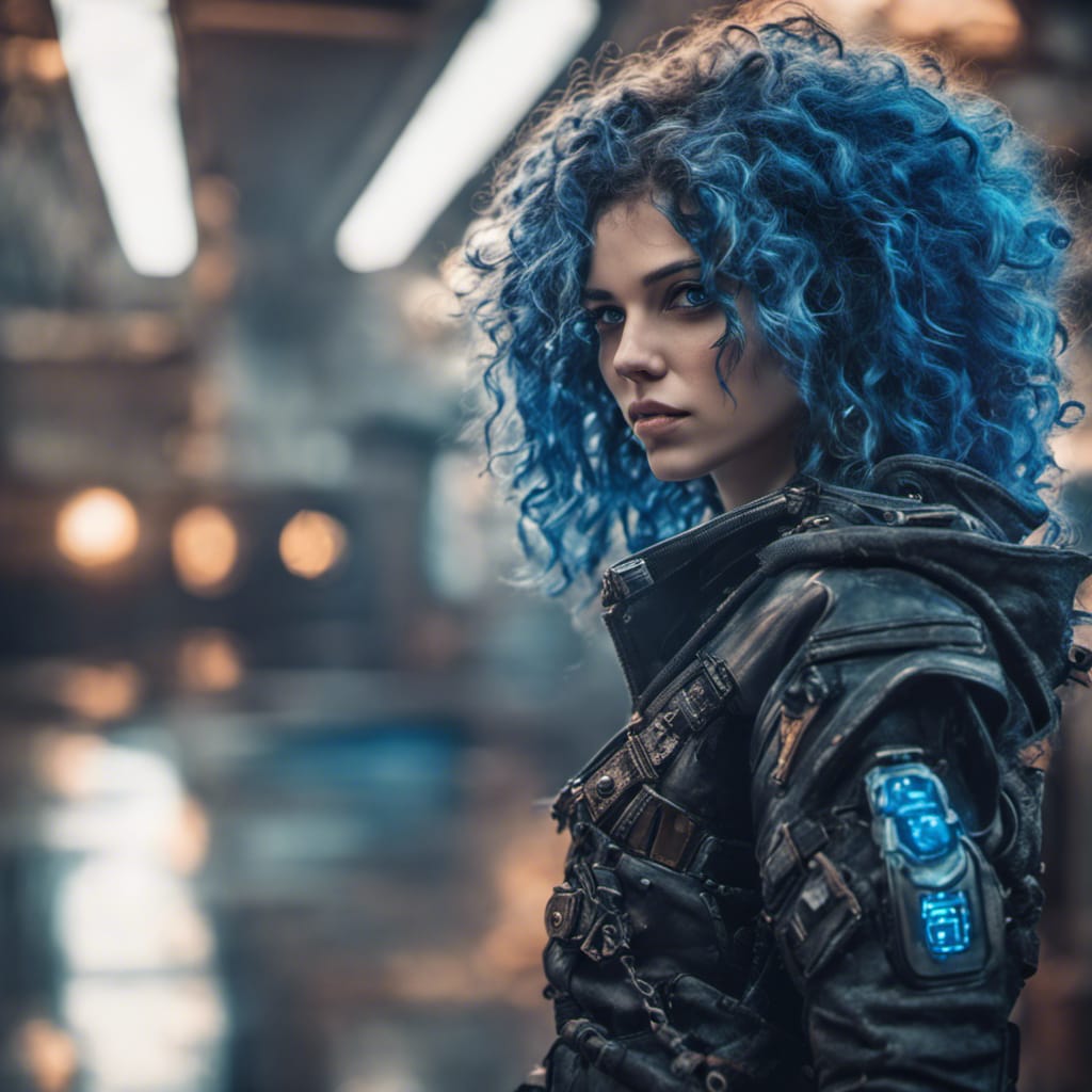 cyberpunk warrior girl with blue hair
